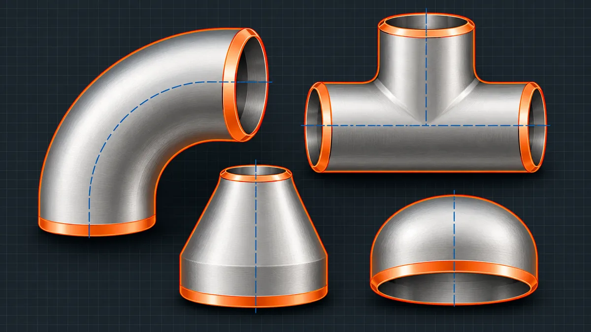 Set of ASME B16.9 fittings including long radius elbow, straight tee, concentric reducer and cap with beveled ends
