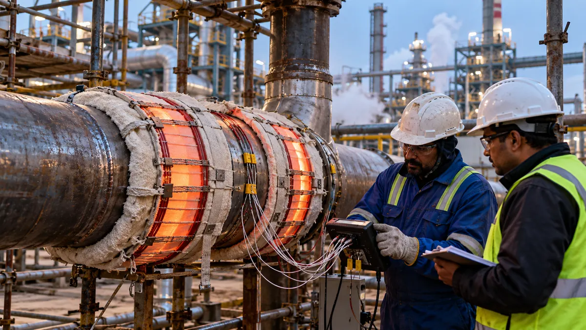 Welder and inspector at a power piping weld joint wrapped with PWHT heating elements and thermocouples for ASME B31.1 postweld heat treatment