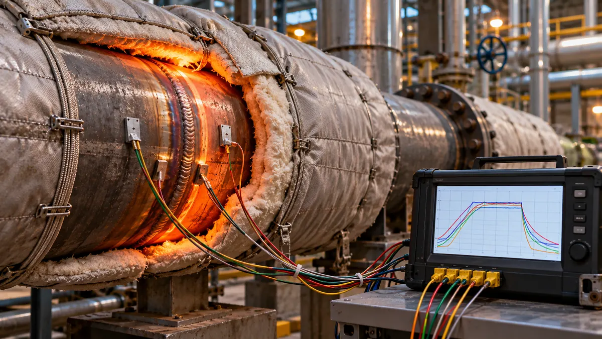 Thick-wall steam pipe weld under controlled postweld heat treatment with thermocouples, insulation blanket and a temperature chart recorder