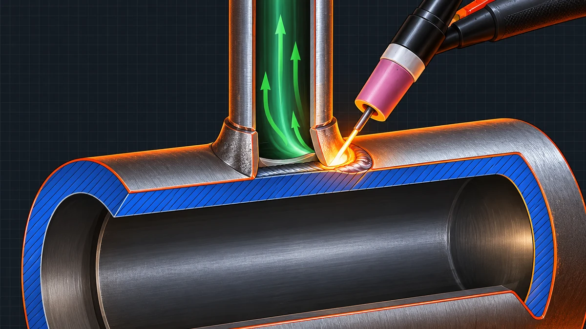 Close-up schematic of a boiler tube-to-header weld with GTAW torch and joint preparation for Section I fabrication