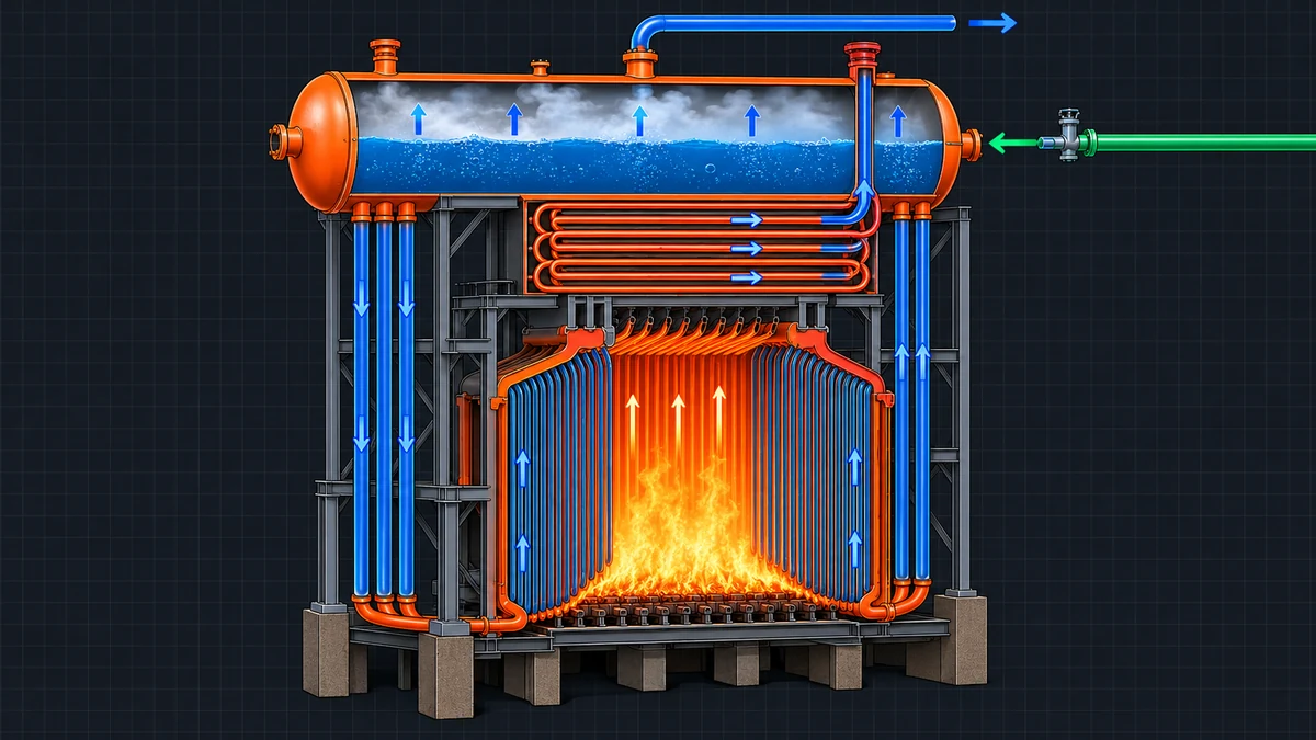 Cutaway schematic of ASME Section I power boilers showing steam drum, water-cooled furnace tubes and superheater
