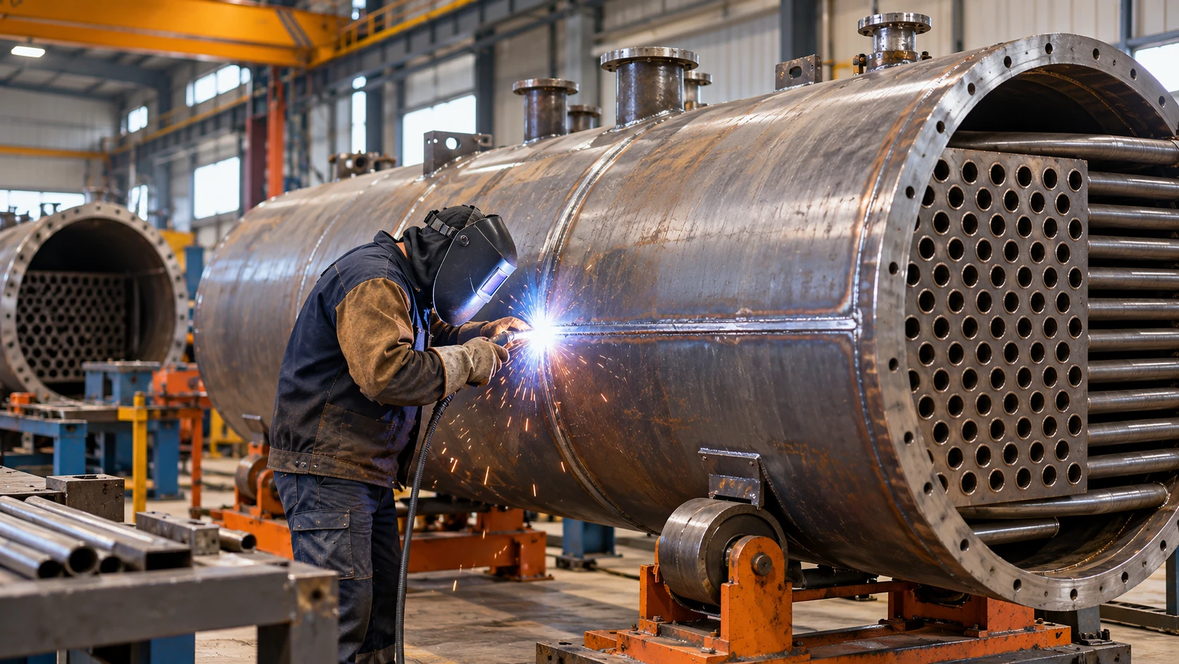 Welder joining a steel heating boiler shell during construction under ASME Section IV heating boilers rules