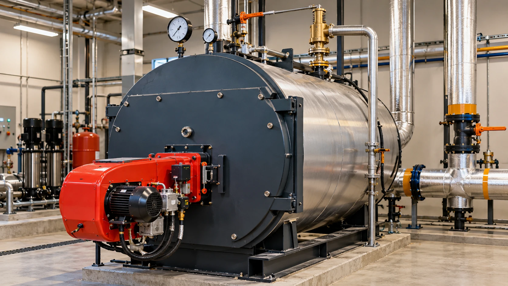 ASME Section IV heating boilers: a fired steel hot water boiler with burner, relief valve and gauges in a plant room