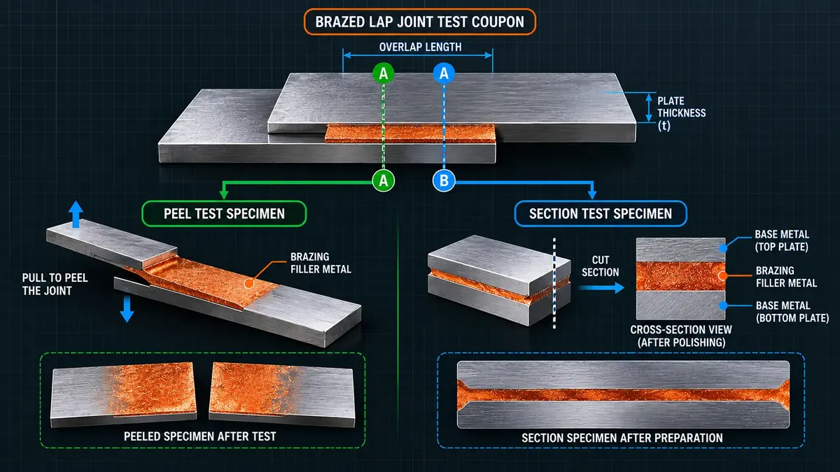 Brazed lap joint test coupon showing peel test and section test specimens for brazing procedure qualification