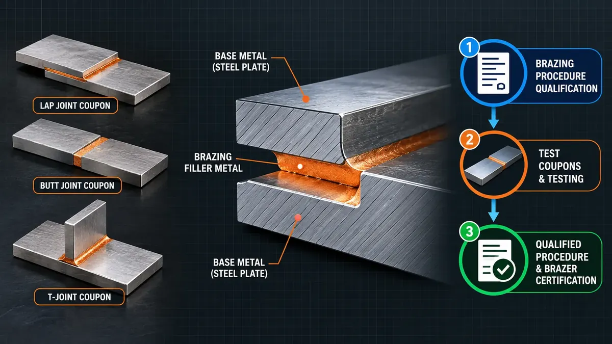 Technical illustration of brazed test coupons and joint cross-section for ASME Section IX QB brazing qualification