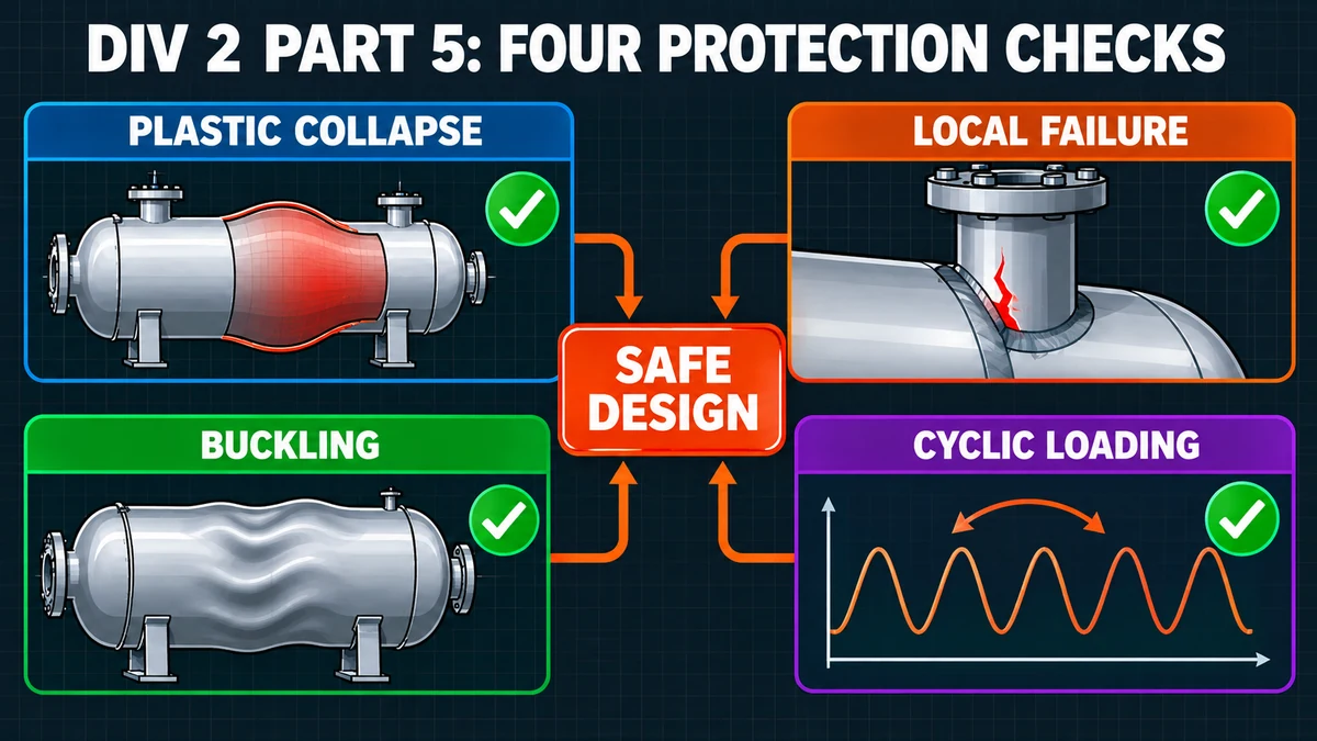 Four design by analysis protection checks in ASME Section VIII Division 2: collapse, local failure, buckling, cyclic