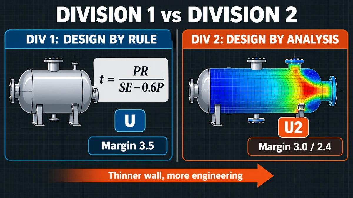 Diagram comparing ASME Section VIII Div 2 vs Div 1: design by rule formula beside a finite element stress analysis