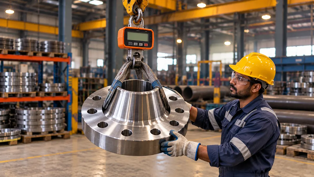 Large weld neck flange hanging from a crane hook on a load scale in a fabrication shop to check flange weight calculator results