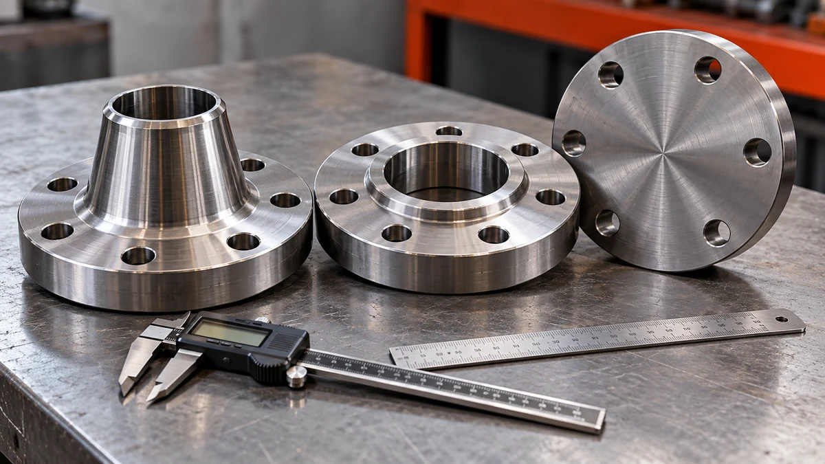 Flange weight calculator reference: weld neck, slip-on and blind steel flanges on a workshop bench beside calipers