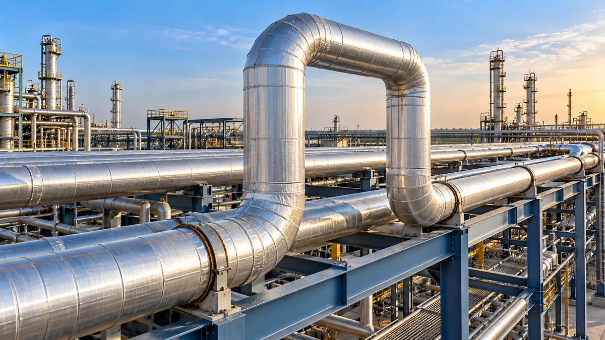 Pipe thermal expansion calculator context: insulated steel pipe rack with a U-shaped expansion loop in a process plant