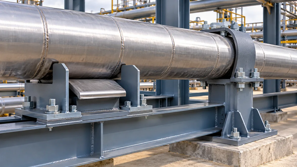 Pipe thermal expansion in practice: steel pipe on a sliding guide support next to a welded anchor on a pipe rack