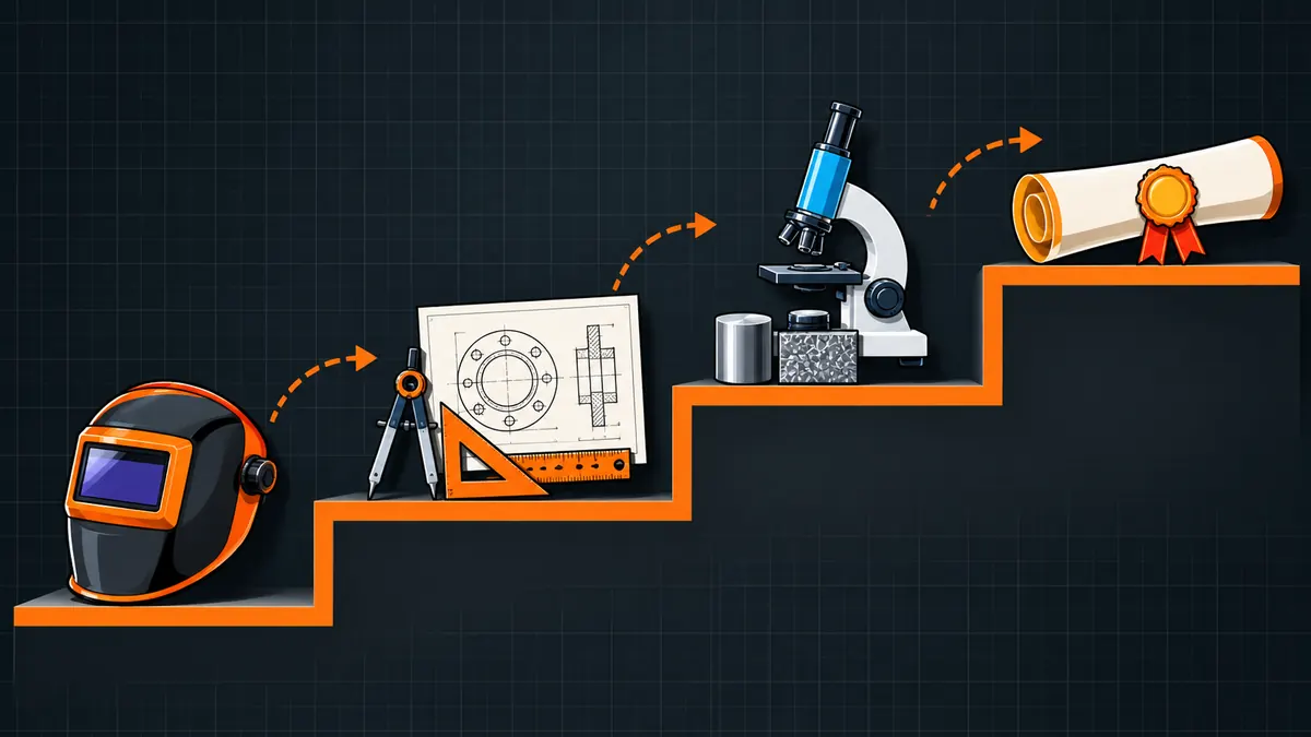Four-step staircase illustration of a welding engineering course path in India from ITI trade to IWE diploma and M.Tech
