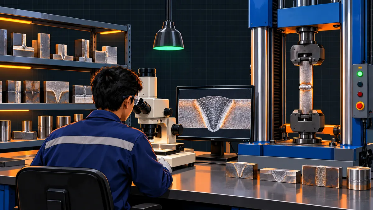 Student examining a weld cross-section macrograph beside a tensile testing machine in a welding laboratory